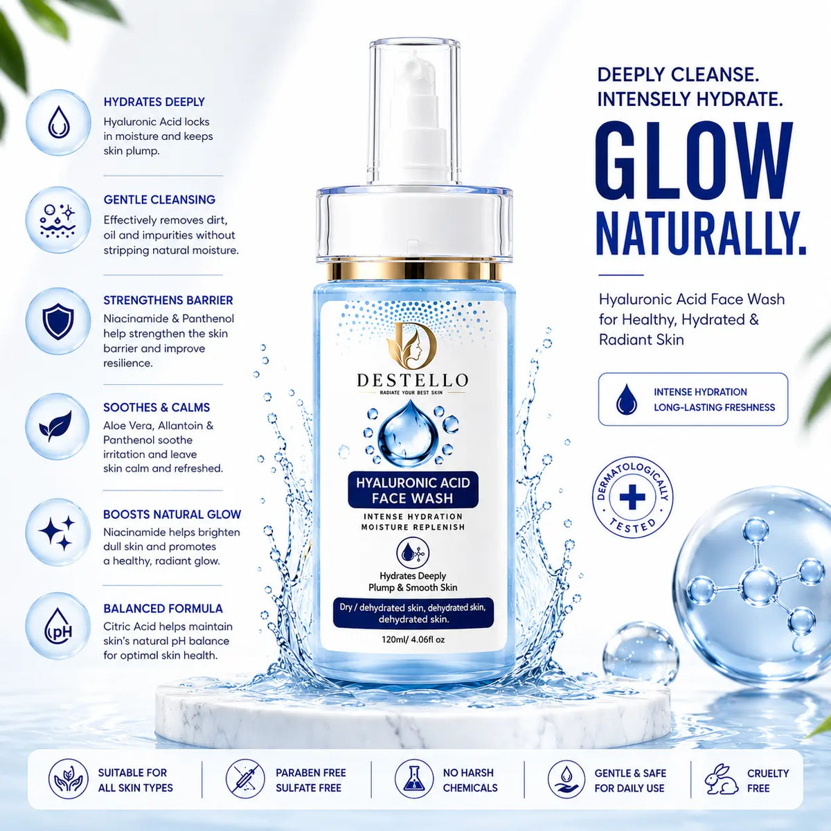 Destello Hyaluronic Acid Face Wash – Intense Hydration & Moisture Replenish | 120ml