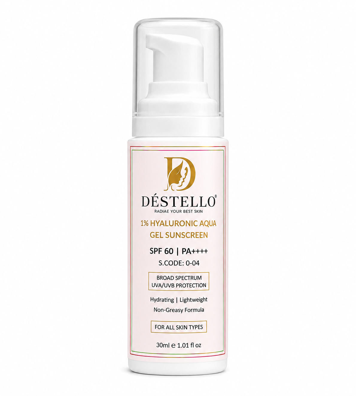 Destello 1% Hyaluronic Aqua Gel Sunscreen SPF 60 PA++++ – UVA/UVB Protection | 30ml
