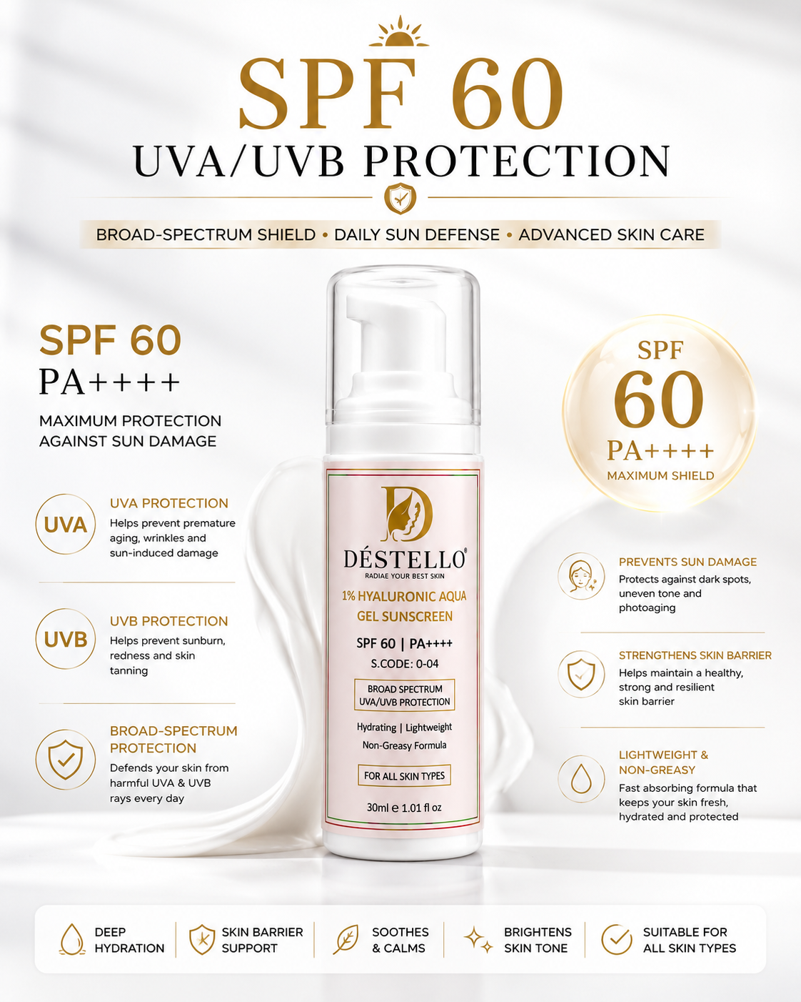 Destello 1% Hyaluronic Aqua Gel Sunscreen SPF 60 PA++++ – UVA/UVB Protection | 30ml